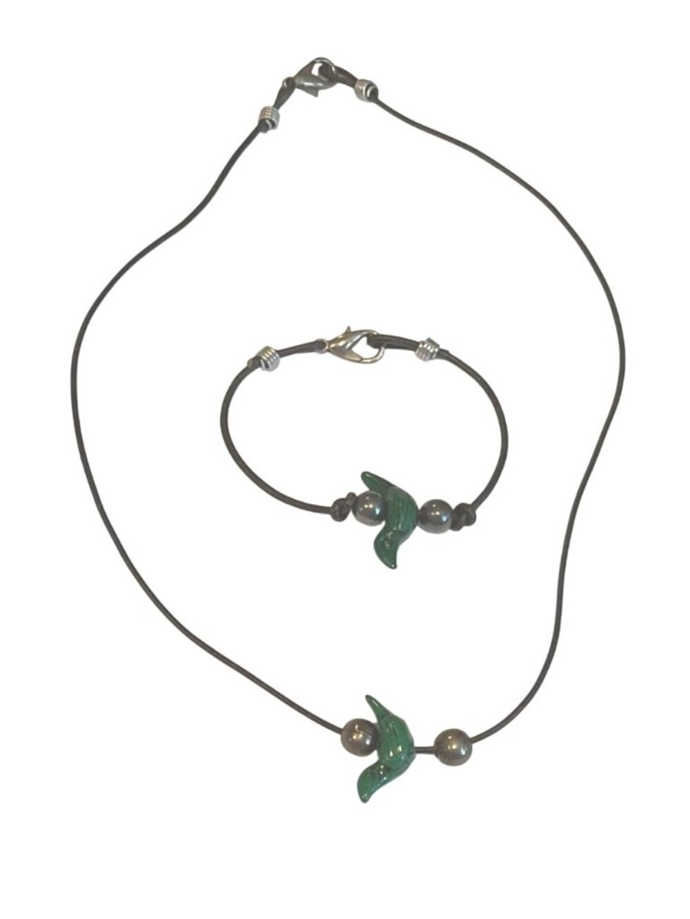Hand-Carved Wood Bird Beads Bracelet & Necklace On Leather Cord 18" & 7" Set